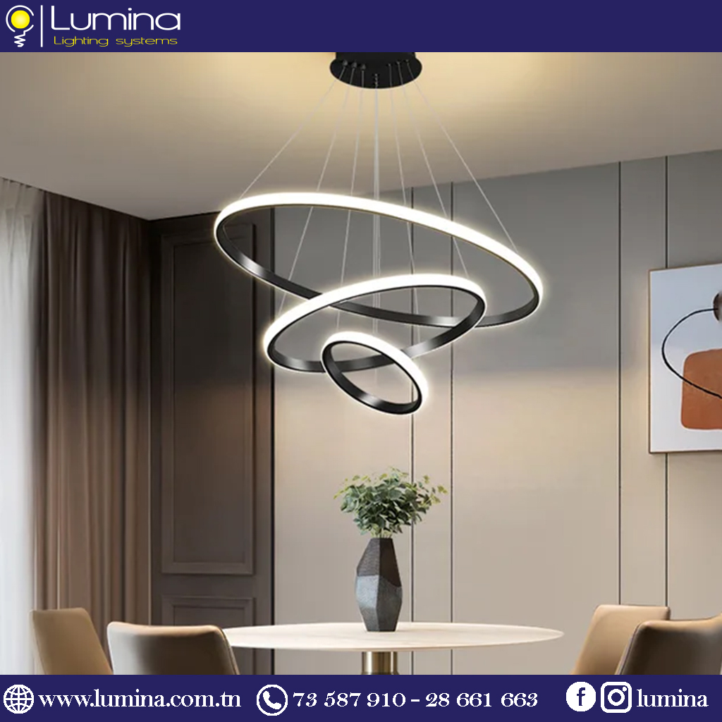 Lustre Led Noir diamètre 60cm 3 Couleurs de lumières B078B – Image 2
