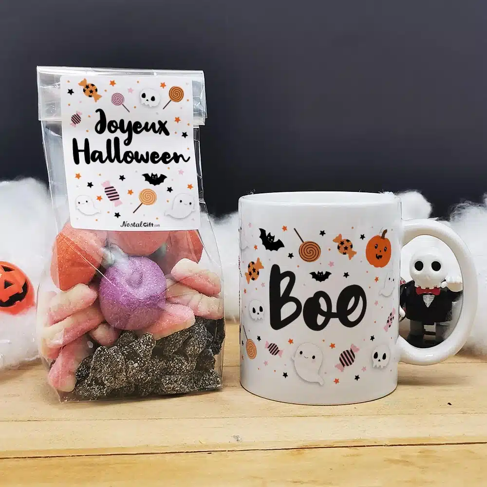Mug Halloween Boo et ses bonbons Tarentules noires, dentiers et guimauves citrouille et tête de mort – Image 2