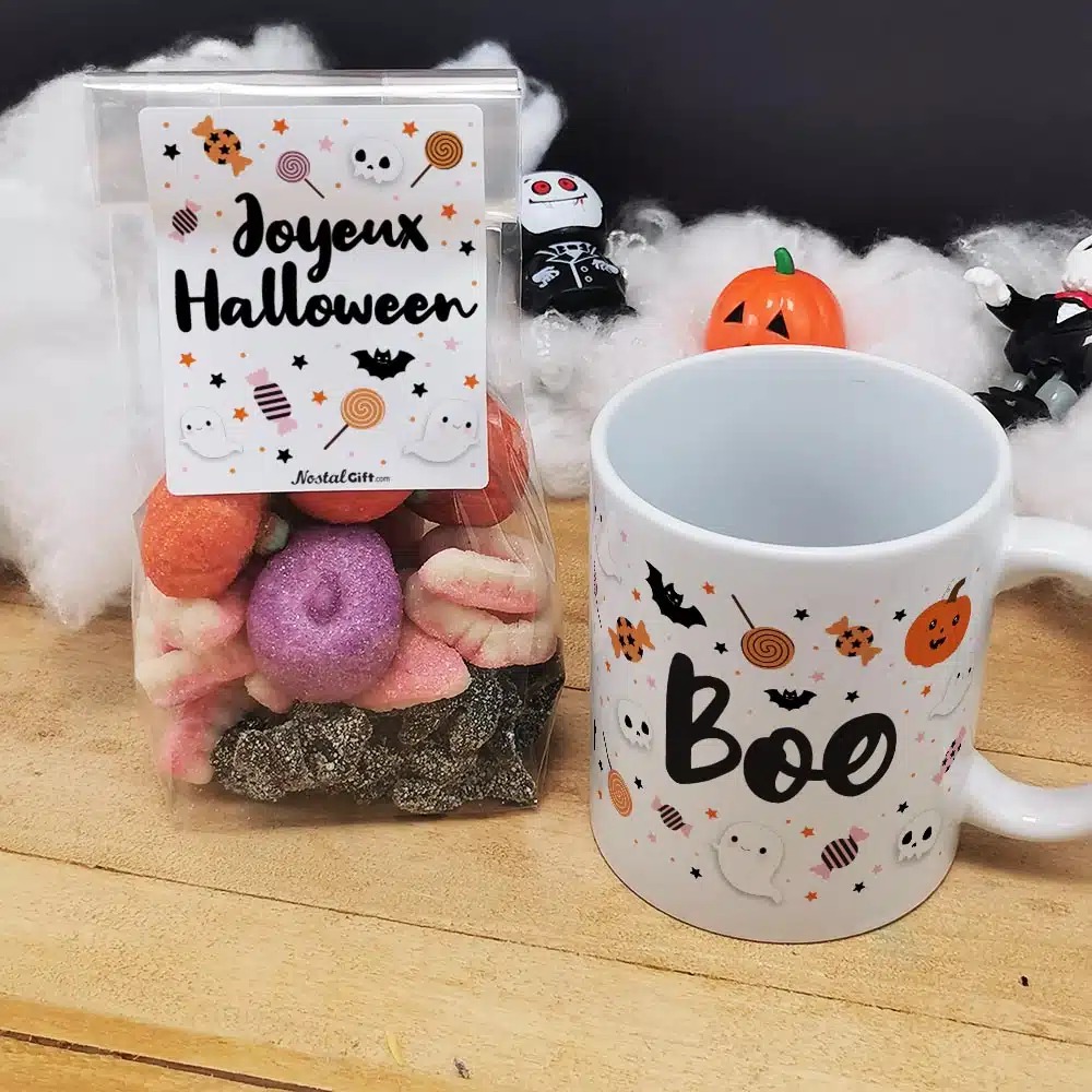 Mug Halloween Boo et ses bonbons Tarentules noires, dentiers et guimauves citrouille et tête de mort – Image 3