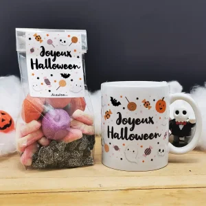 Mug et bonbons Halloween acidulés – Tarentules noires, dentiers et guimauves citrouille et tête de mort