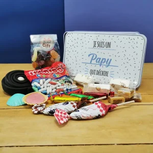 Coffret bonbons des années 60 “Je suis un papy qui déchire” (Boîte en métal)