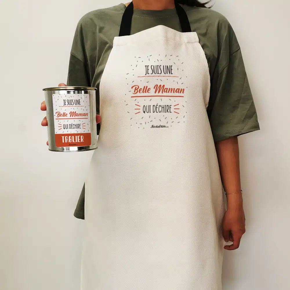 Tablier de cuisine dans sa boîte de conserve “Je suis une belle maman qui déchire” – Image 4