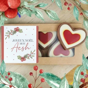 Cœurs au chocolat au lait rouge et blanc x4 “Joyeux Noël mon Aesh” – Cadeau Noël
