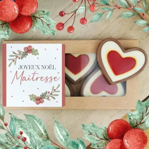Cœurs au chocolat au lait rouge et blanc x4 “Joyeux Noël Maîtresse” – Cadeau Noël