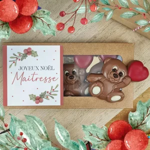 Oursons au chocolat au lait x3 “Joyeux Noël Maîtresse” – Cadeau Noël