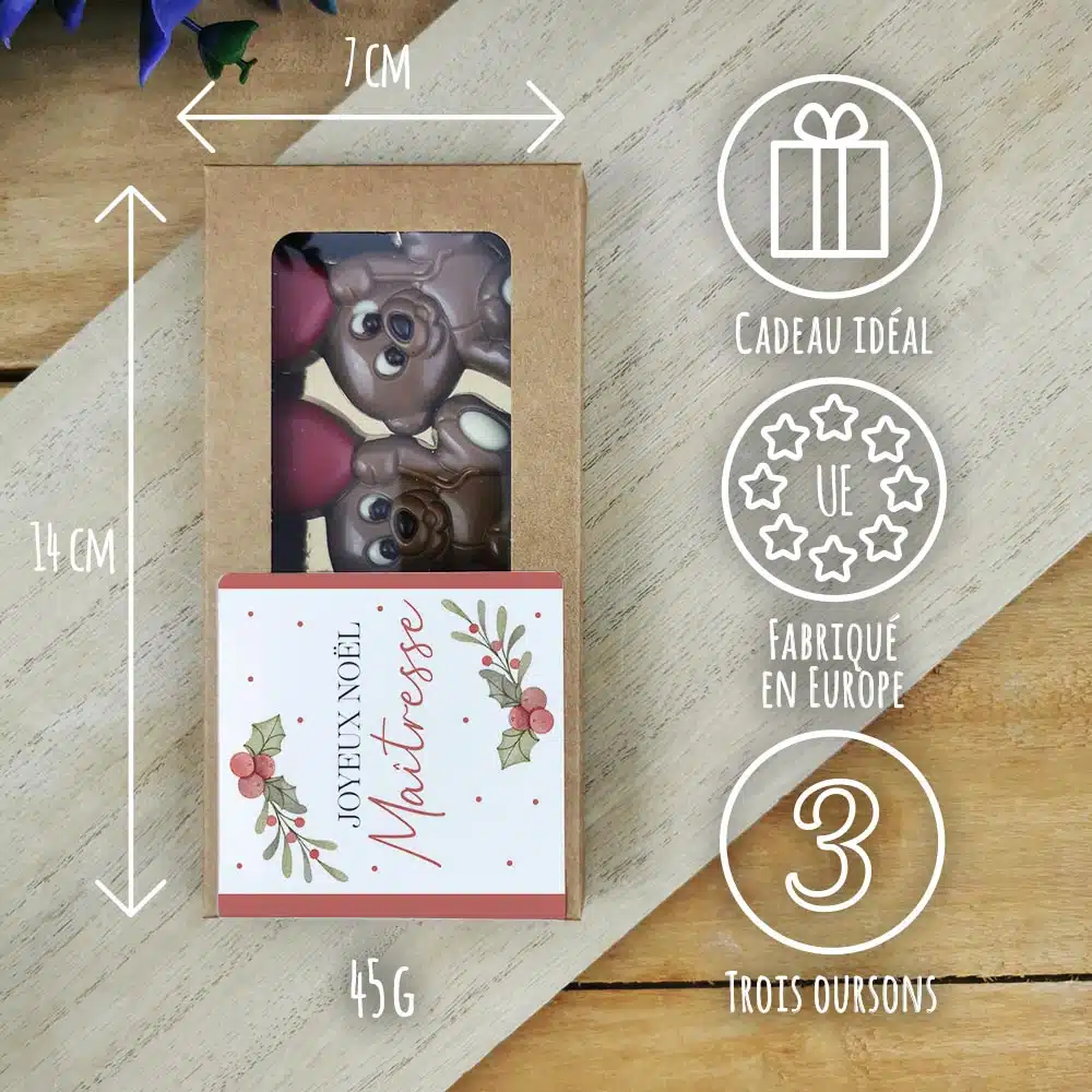 Oursons au chocolat au lait x3 “Joyeux Noël Maîtresse” – Cadeau Noël – Image 4
