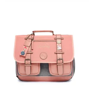 Cartable 38 cm vintage rose et ses pin’s personnalisable – Caméléon – CP CE1 CE2