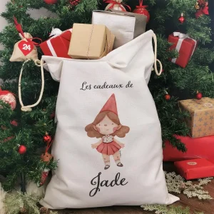 Hotte de Noël XXL personnalisée – “Les cadeaux de …” – Lutin (Fille)