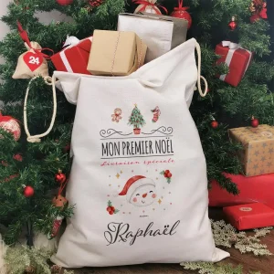 Hotte de Noël XXL personnalisée – Mon premier Noël – Bonhomme de neige